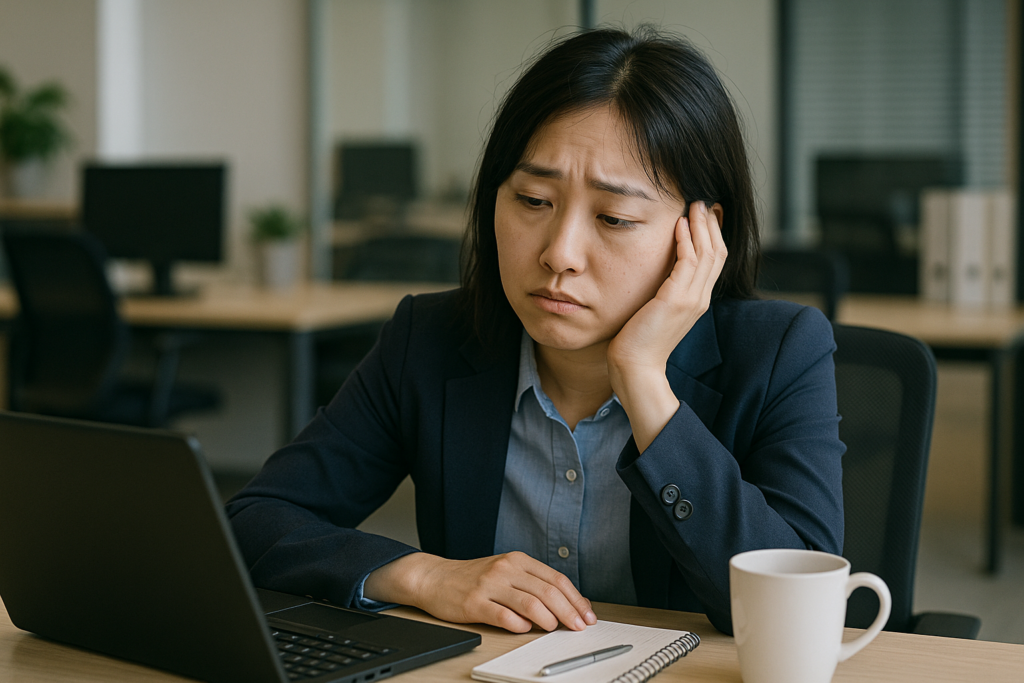 眠れなくて寝不足のまま会社のデスクに座っている日本人女性