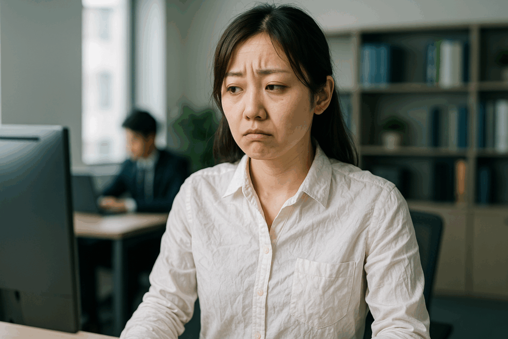 しわのある服を会社に着る女性