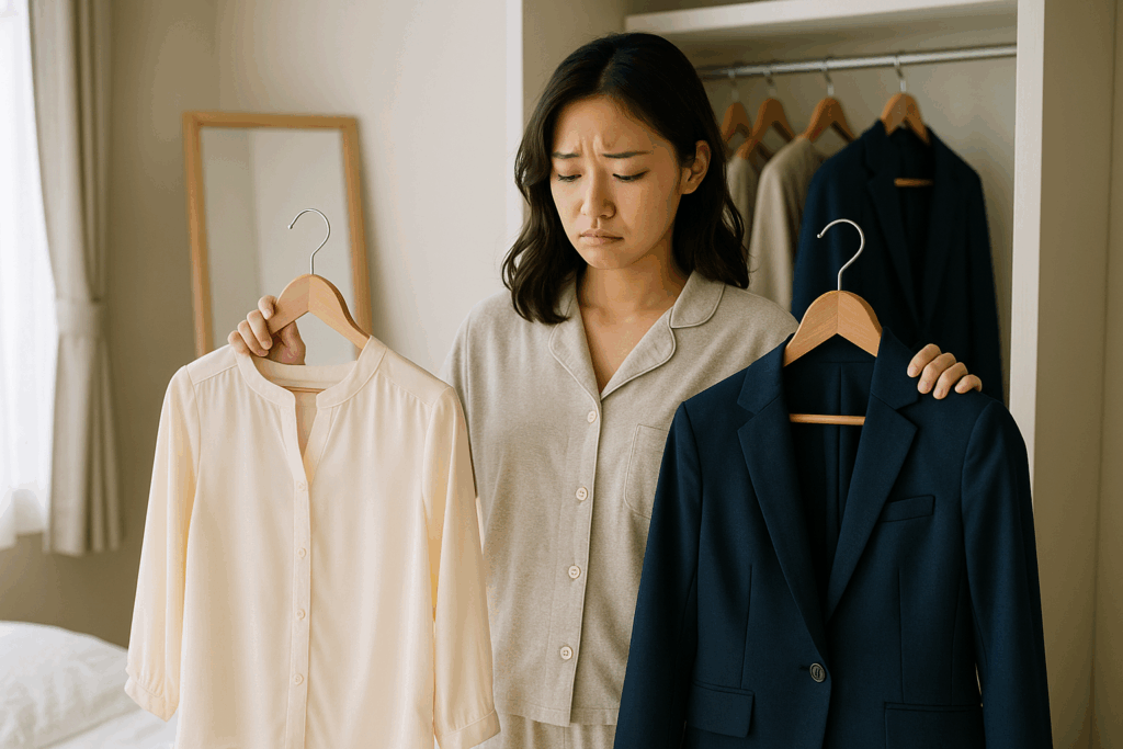 オフィスカジュアルの服を選ぶのに悩む女性
