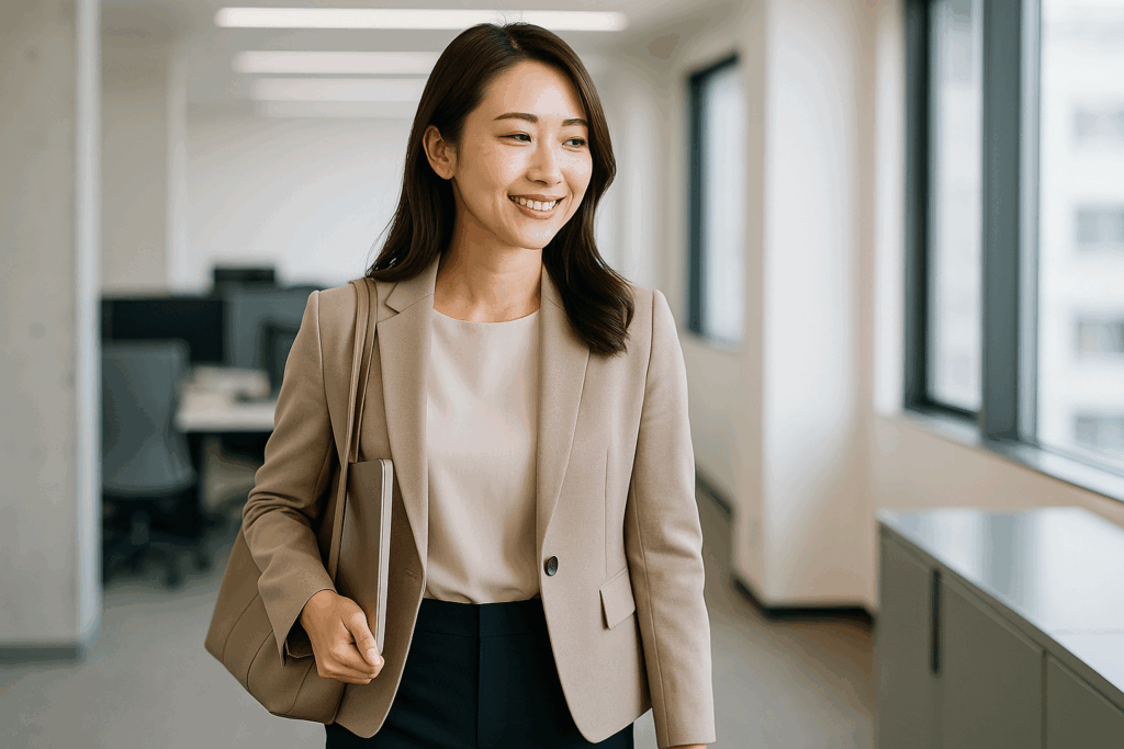 オフィスカジュアルの服で会社に来る女性